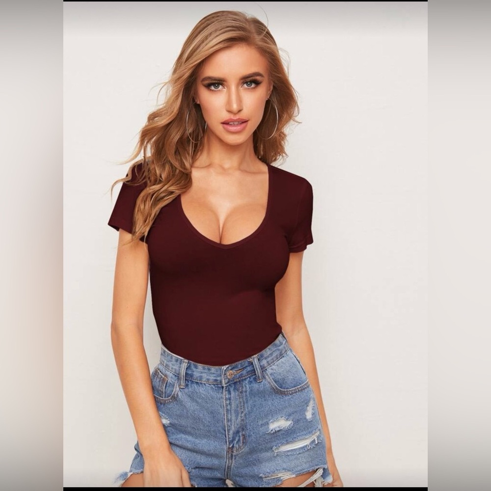 SHEIN Deep V-Neck Maroon Top